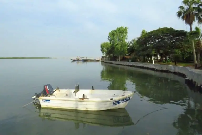 一个又小又白的摩托艇Casamance河。