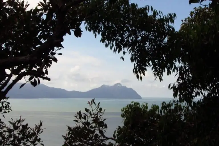 视图通过树木俯瞰水和山Bako国家公园的距离,婆罗洲。
