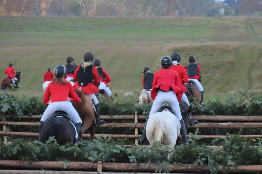 穿着红白相间狩猎装备的马匹和骑手在休伯图斯狩猎后跳过跨栏。