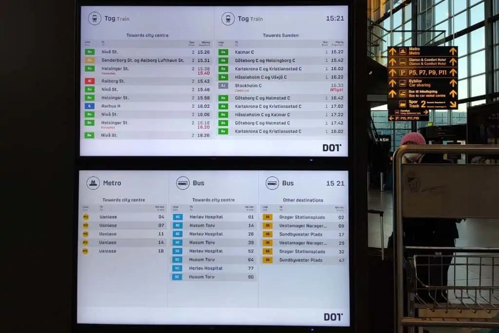 哥本哈根机场信息板，显示下一个公共汽车，地铁和火车的时间，到市中心和瑞典。